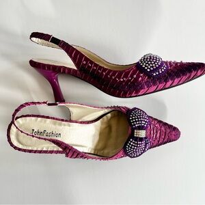 Y2K John Fashion Textured Slingback with Bow and Rhinestones Kitten Heels purple